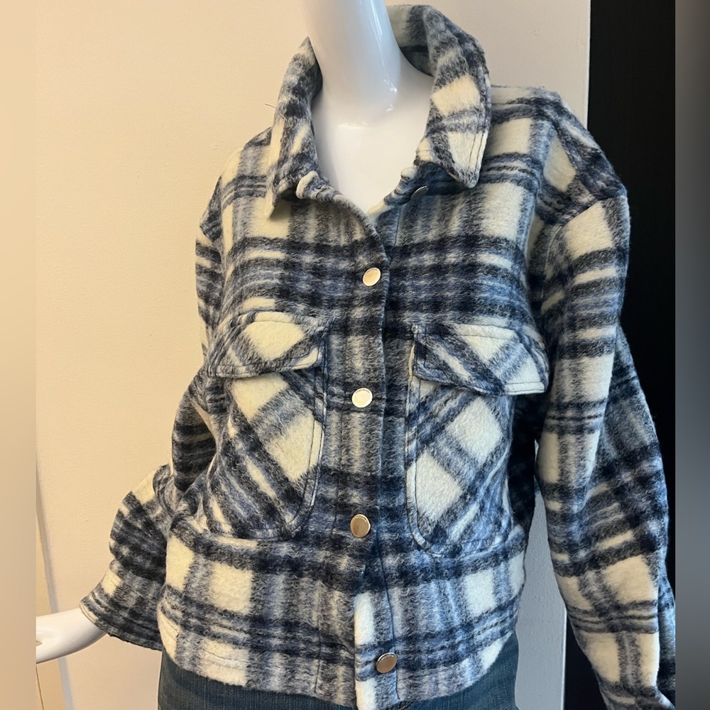 Zara Woven Plaid Shacket Jacket - Blue  & White